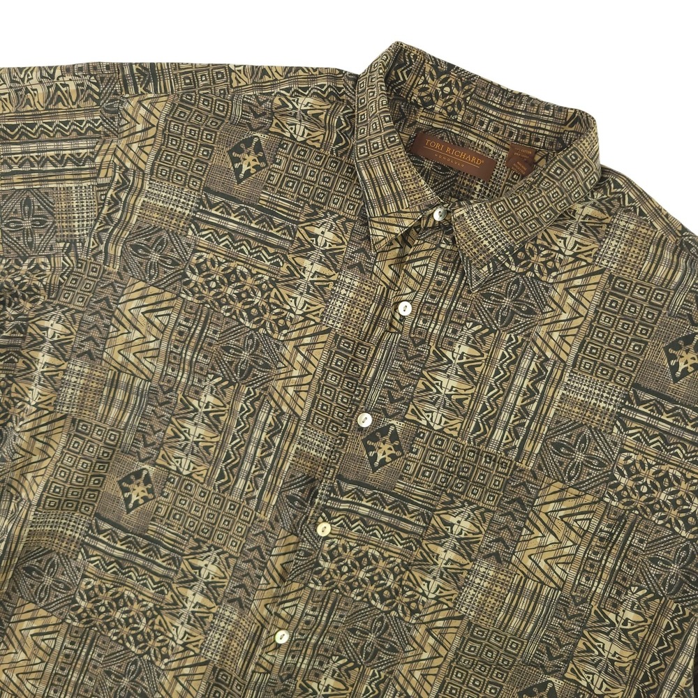 Tori Richard Shirt Mens 2XL Brown Geometric Hawaiian Short Sleeve Button Up
